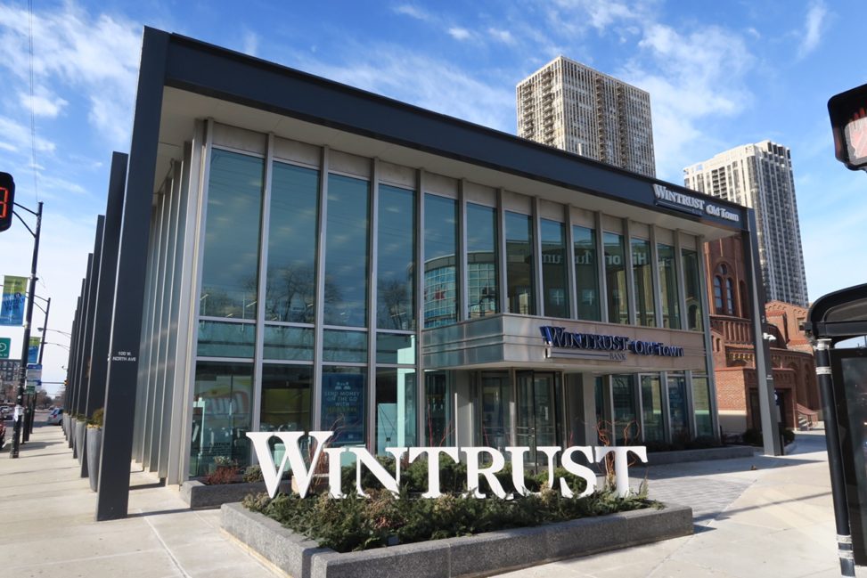exterior of Wintrust Bank on a beautiful sunny day