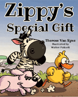book cover of Zippy's Special Gift featuring a zebra, a poodle, and a duck in a foot race