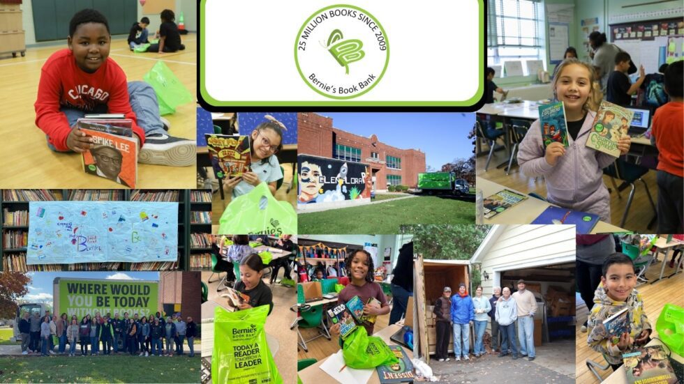 a collage of photos showing children enjoying their Bernie's book donations and volunteers