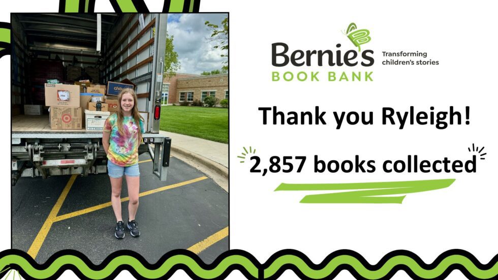 pictured: Ryleigh stands outside a truck of donated books - text: Thank you Ryleigh! 2,857 books collected