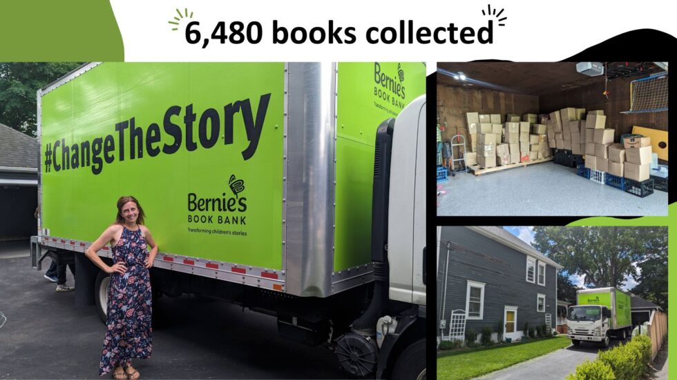 Audra poses outside a Bernie's Book Bank delivery truck