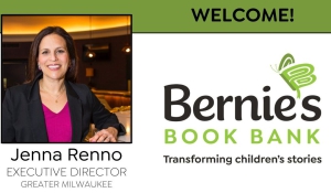 photo of Jenna Renno - text: meet Jenna Renno, Executive Director of Bernie's Book Bank Milwaukee