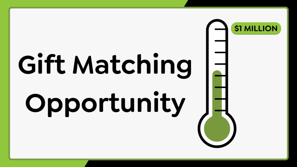 text: gift matching opportunity, $1 million - image: a thermometer indicating rising levels of temperature as an analogy for funds