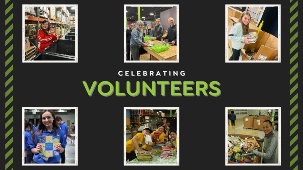 celebrating volunteers - pictured: six images of Bernie's Book Bank volunteers sorting and processing donated children's books