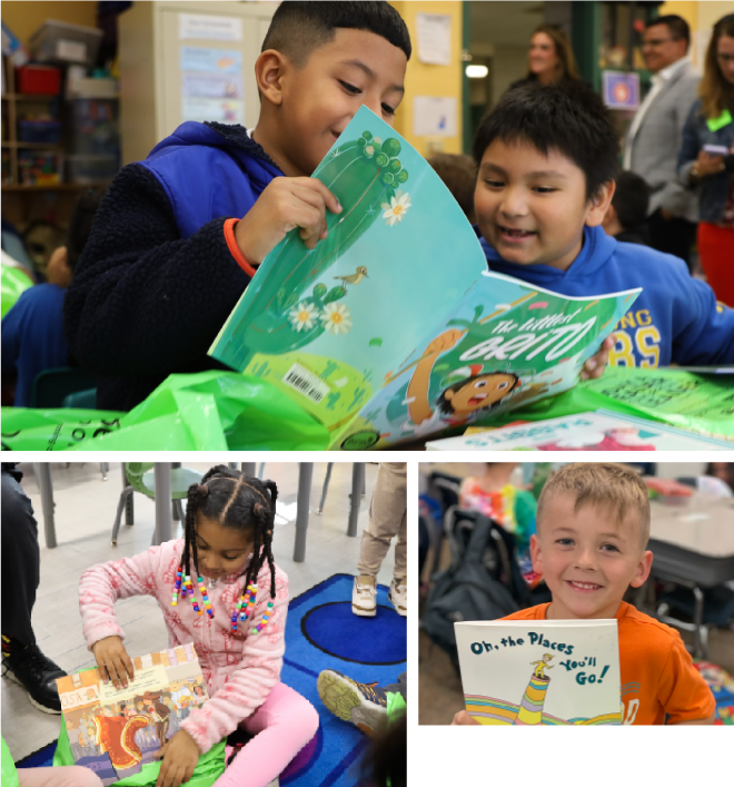 photos of smiling schoolchildren reading books