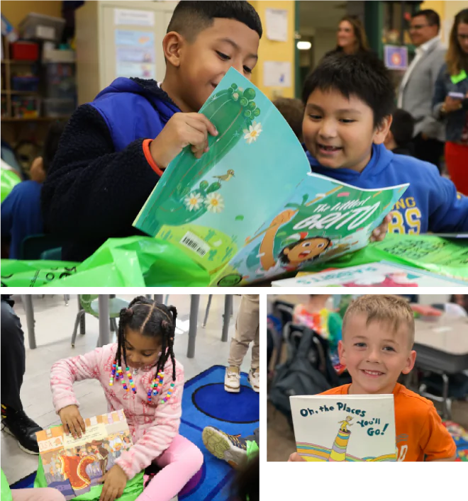 photos of smiling schoolchildren reading books
