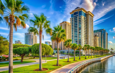 highly retouched image of condos by inter coastal waters in Florida