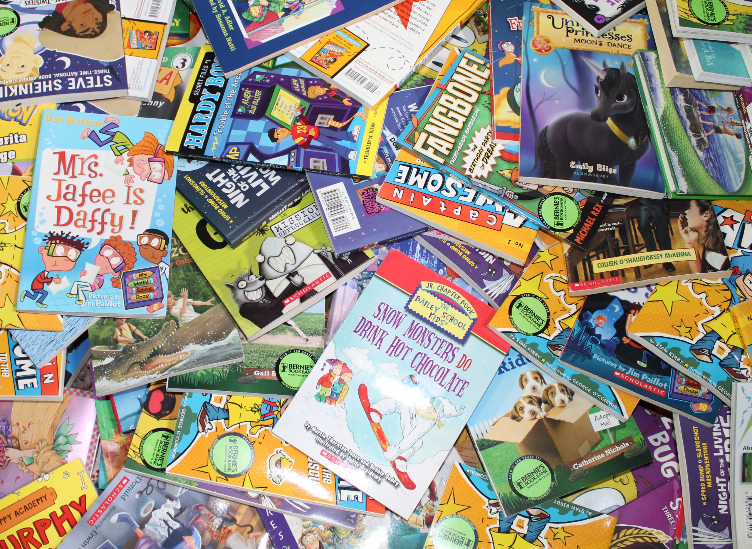 front covers pictured from dozens of chapter books in a colorful pile