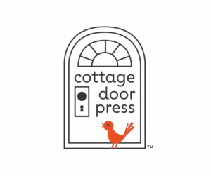 text: Cottage Door Press - image: a happy little red bird tweets outside of a stylized front door