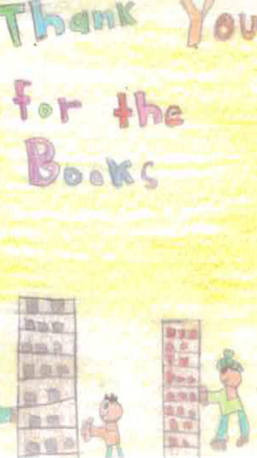 a child's hand-drawn thank you note to Bernie's Book Bank, featuring volunteers sorting books; text: Thank You for the Books