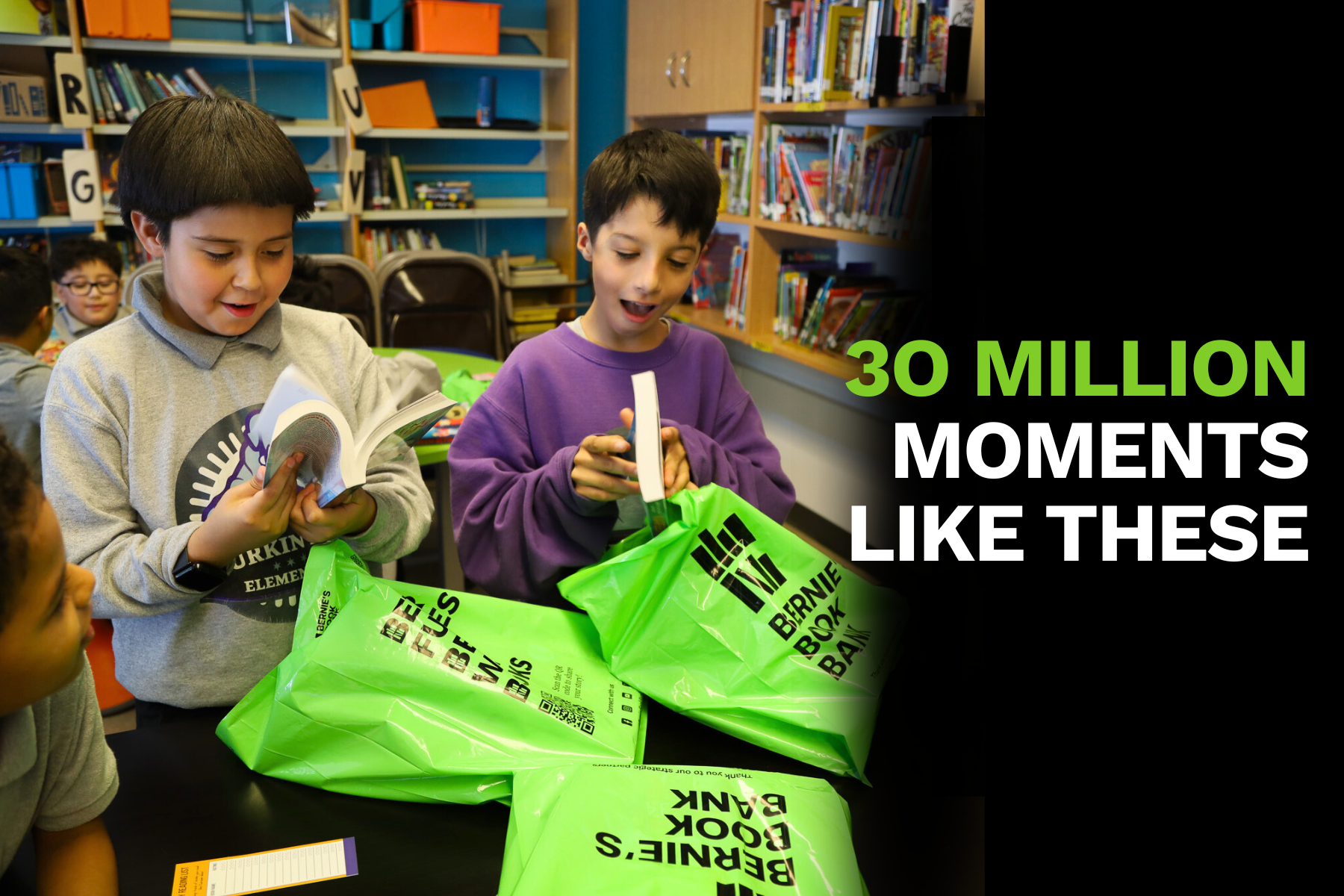 30 Million Books Distributed with picture of kids opening a bag of books